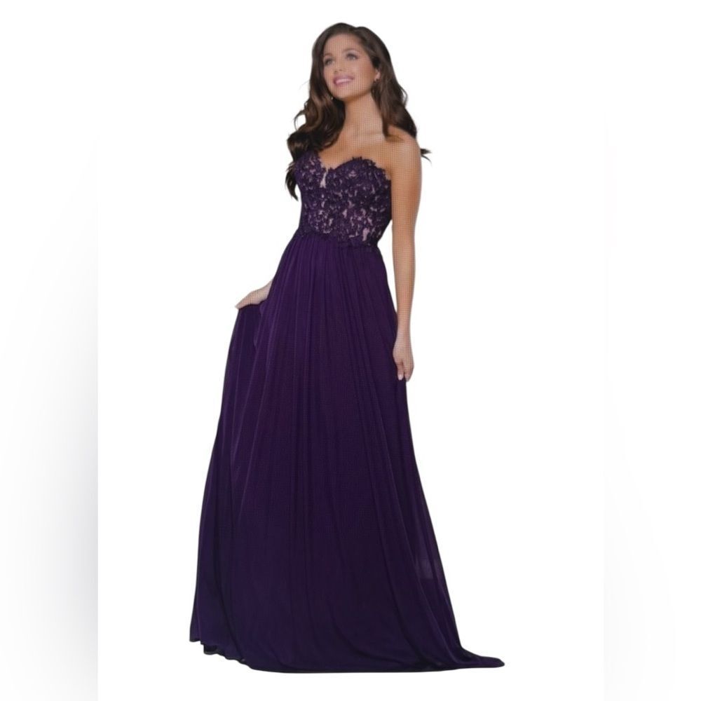NEW JVN By Jovani Purple Lace Sequins Chiffon Strapless Maxi Gawn Dress 41461 0